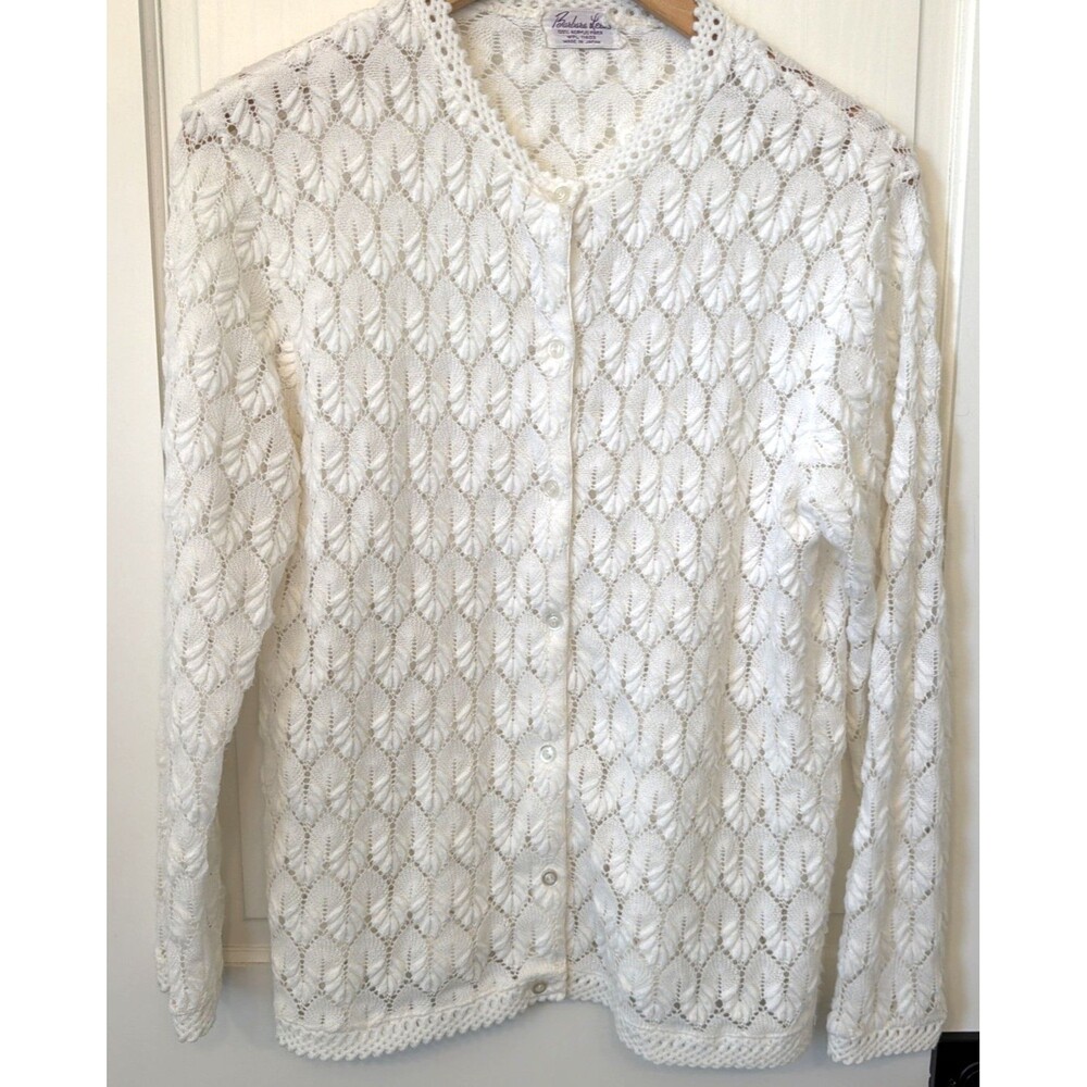 Vtg Barbara Lee 1960s/70s White Cardigan Dainty Pointelle Open Knit L Made Japan